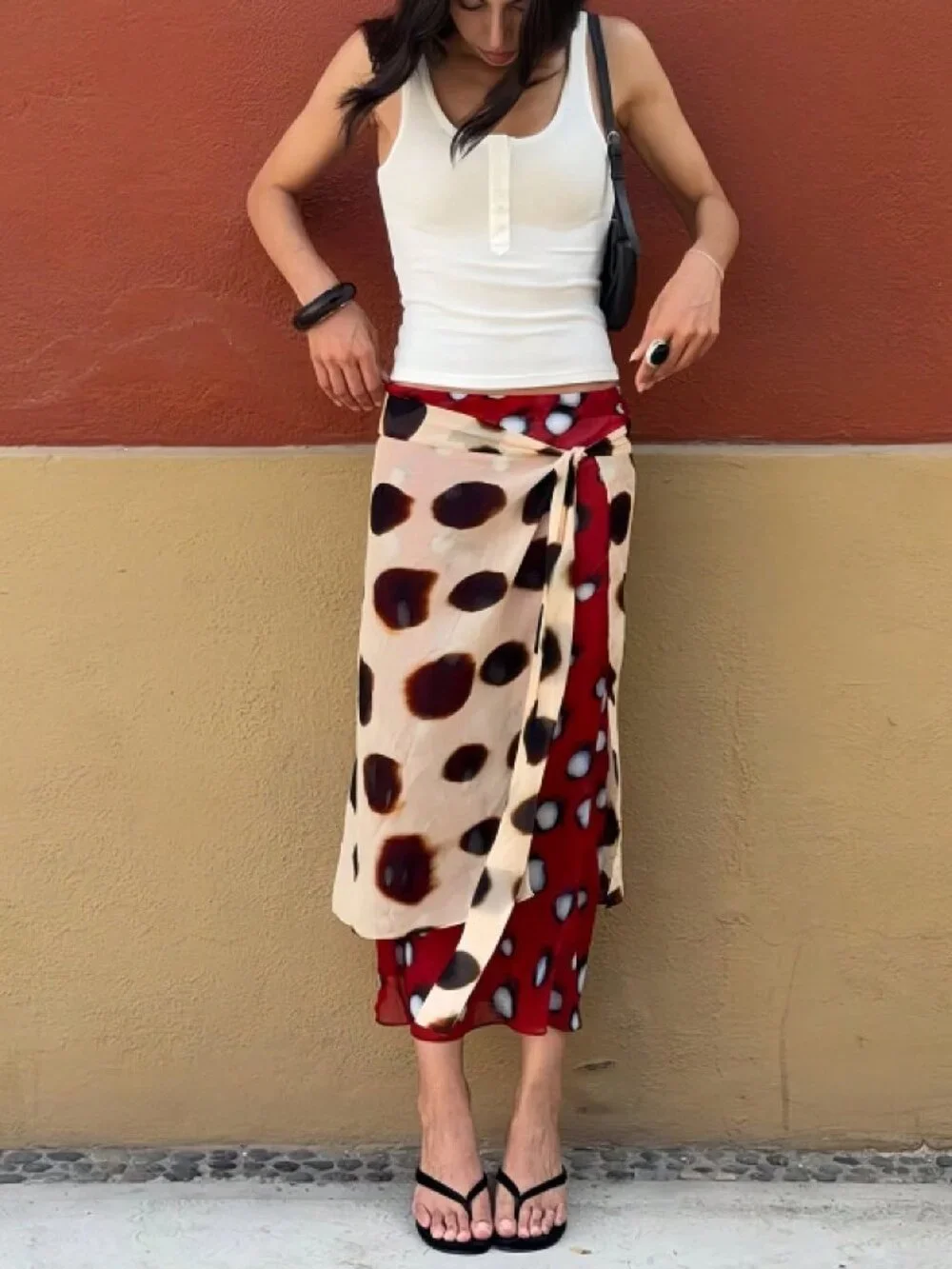 Khaki Casual Women's Polka Dot Wrap Tie Ruffle Bodycon Midi Skirt